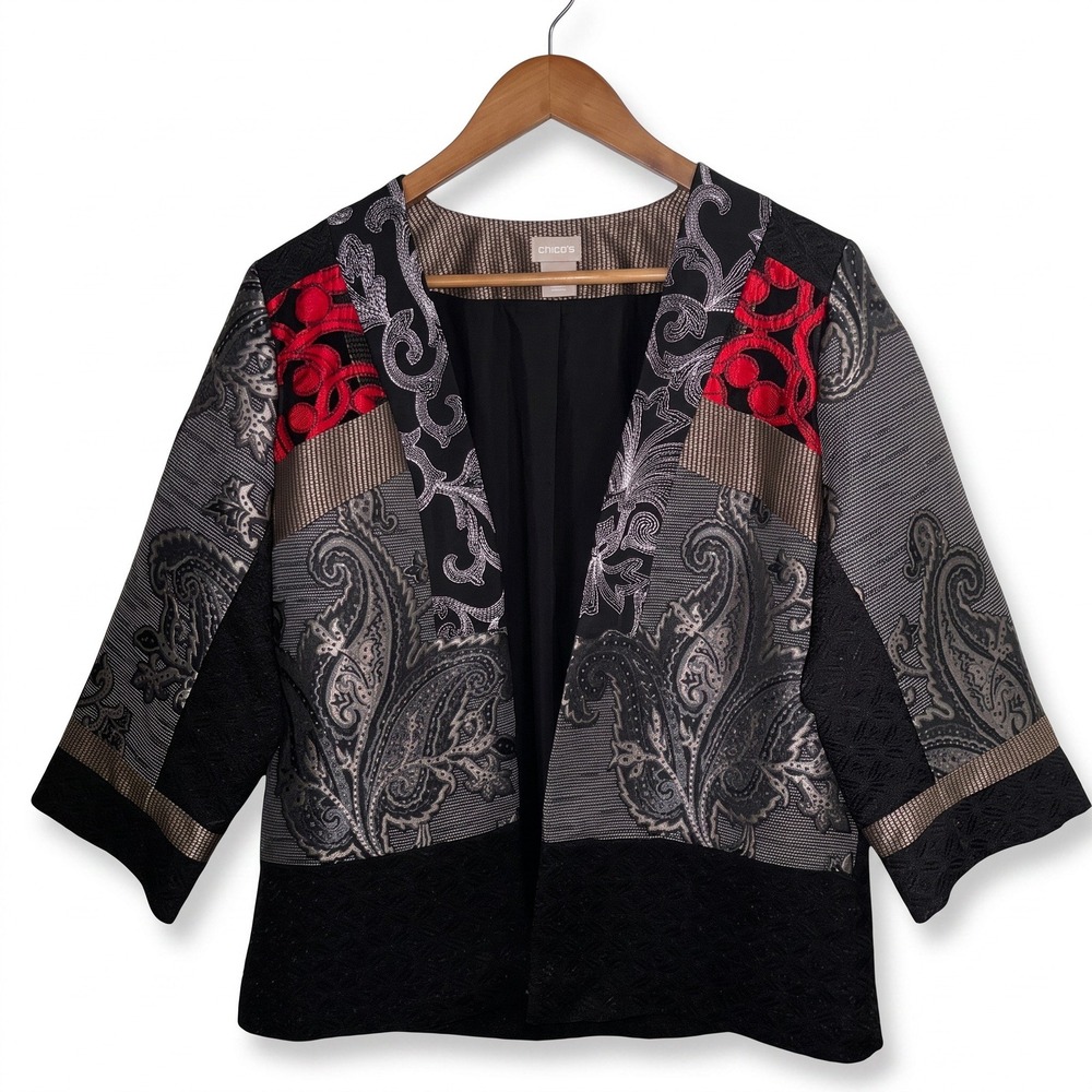 Chicos Patchwork Paisley Open Front Jacket Size 0  Red Black Silver Art To Wear